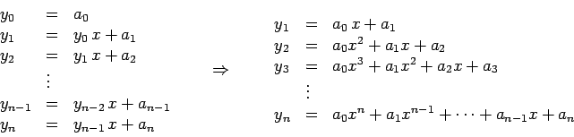 \begin{displaymath}\begin{array}{lll}
y_0&=& a_0\\
y_1&=&y_0\,x+a_1\\
y_2&=...
...\\
y_n&=&a_0x^n+ a_1x^{n-1}+\cdots+ a_{n-1}x+a_n
\end{array}\end{displaymath}