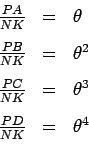 \begin{displaymath}
\begin{array}{lll}
\vspace{0.3cm}
\frac{PA}{NK}&=&\theta\...
...^3\\
\vspace{0.3cm}
\frac{PD}{NK}&=&\theta^4\\
\end{array}\end{displaymath}