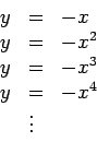 \begin{displaymath}
\begin{array}{lll}
y&=&-x\\
y&=&-x^2\\
y&=&-x^3\\
y&=&-x^4\\
&\vdots&\\
\end{array}
\end{displaymath}