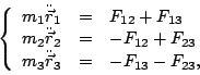 \begin{displaymath}
\left \{ \begin{array}{lll} m_1\ddot{\vec{r}}_1 & = & F_{12}...
...\ m_3\ddot{\vec{r}}_3 & = & -F_{13}-F_{23}, \end{array}\right.
\end{displaymath}