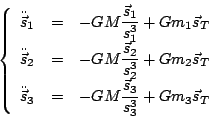 \begin{displaymath}
\left \{ \begin{array}{lll} \ddot{\vec{s}}_1 & = & {\display...
... -GM\frac{\vec{s}_3}{s_3^3}+Gm_3\vec{s}_T} \end{array} \right.
\end{displaymath}